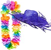 Toppers in concert - Carnaval verkleedset - Tropical Hawaii party - strohoed blauw - en volle bloemenslinger multi colours - voor dames