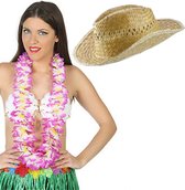 Carnaval verkleed set - Tropische Hawaii party - stro beach hoed - met volle bloemenslinger paars - volwassenen
