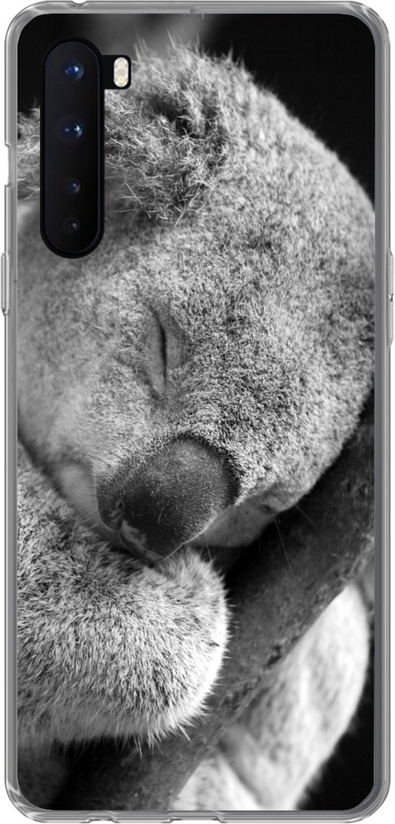 Telefoonhoesje Geschikt voor OnePlus Nord hoesje - Slapende koala op zwarte achtergrond in zwart-wit - Siliconen Telefoonhoesje Telefoonhoesje
