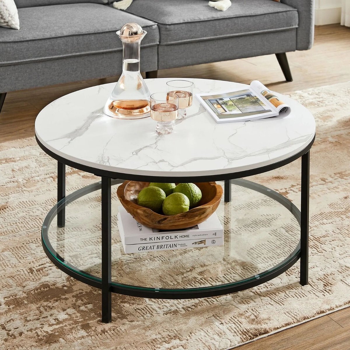 Skye Decor Salontafel woonkamertafel banktafel voor woonkamer met glasplaat veel opbergruimte eenvoudige montage moderne stijl witte marmerlook Zwart frame 80 x 44.5 cm