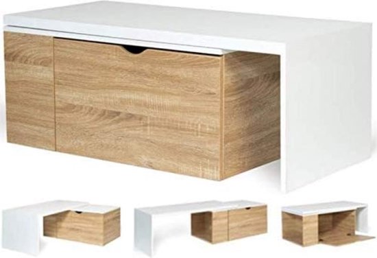 Salontafel draaibaar hout en wit 360° Lizzi uittrekbaar met kofferbak
