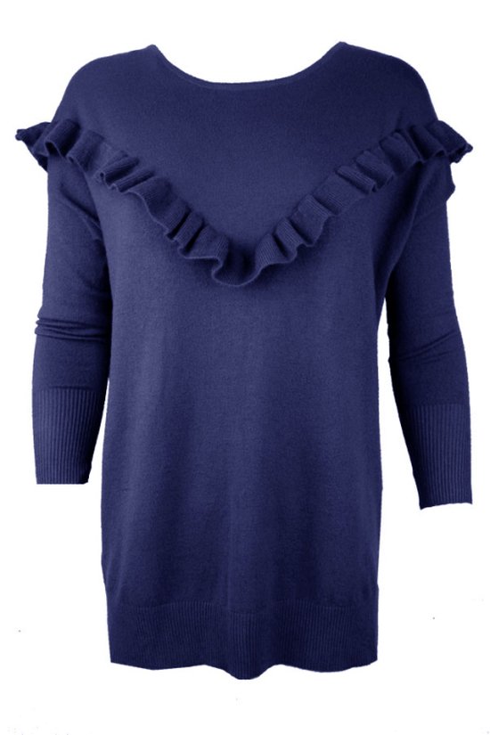 Blauwe Trui Ruffles - Lange Dames Truien met Volant - Winter sweaters - ML - Donker blauw