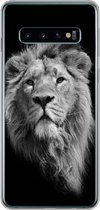 Geschikt voor Samsung Galaxy S10 hoesje - Aziatische leeuw tegen zwarte achtergrond in zwart-wit - Siliconen Telefoonhoesje