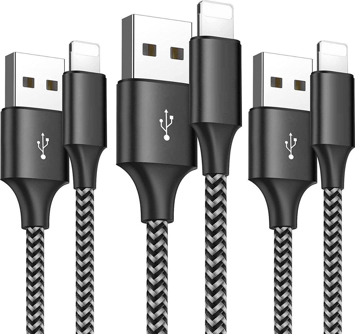 3x 8-PIN naar USB 2.0 Snellader Kabel - Nylon Gevlochten - 12W Snellader - Geschikt voor iPhone, iPad - Oplaadkabel - Oplader Snoer - Datakabel - Phreeze