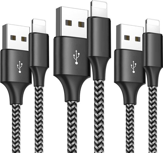 3x 8-PIN naar USB 2.0 Snellader Kabel - Nylon Gevlochten - 12W Snellader - Geschikt voor iPhone, iPad - Oplaadkabel - Oplader Snoer - Datakabel