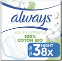 Verpakking Always 100% biologisch katoen topsheet Ultra Night maat 3, 8 stuks. Blauw en groen design met katoenbollen.