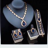 Volledige Dames Sieraden Set | Waterdruppel stijl | Verstelbaar | Halsketting met hanger | Armband | Ring | Oorbellen | Goudkleurig Blauw