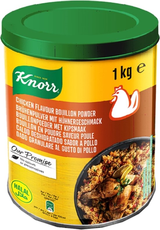 Knorr kipbouillonpoeder in gele en bruine bus van 1kg, met groene deksel. Rechts een afbeelding van kippenstoofpot.
