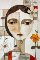 JJ-Art (Canvas) 60x40 | Vrouw, gezicht met bloemen, abstract, Picasso stijl, kubisme, kunst | mens, wit, bruin, rood, modern | Foto-Schilderij canvas print (wanddecoratie)