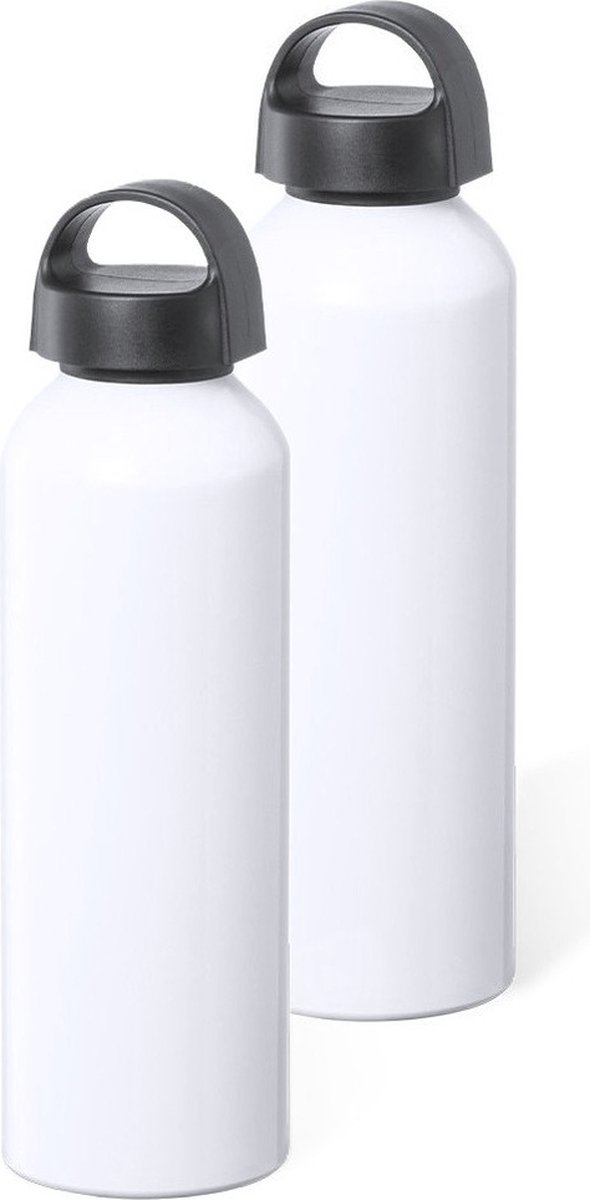 Bellatio Design Waterfles/drinkfles/sportfles - 2x - glans wit - aluminium - 800 ml - schroefdop