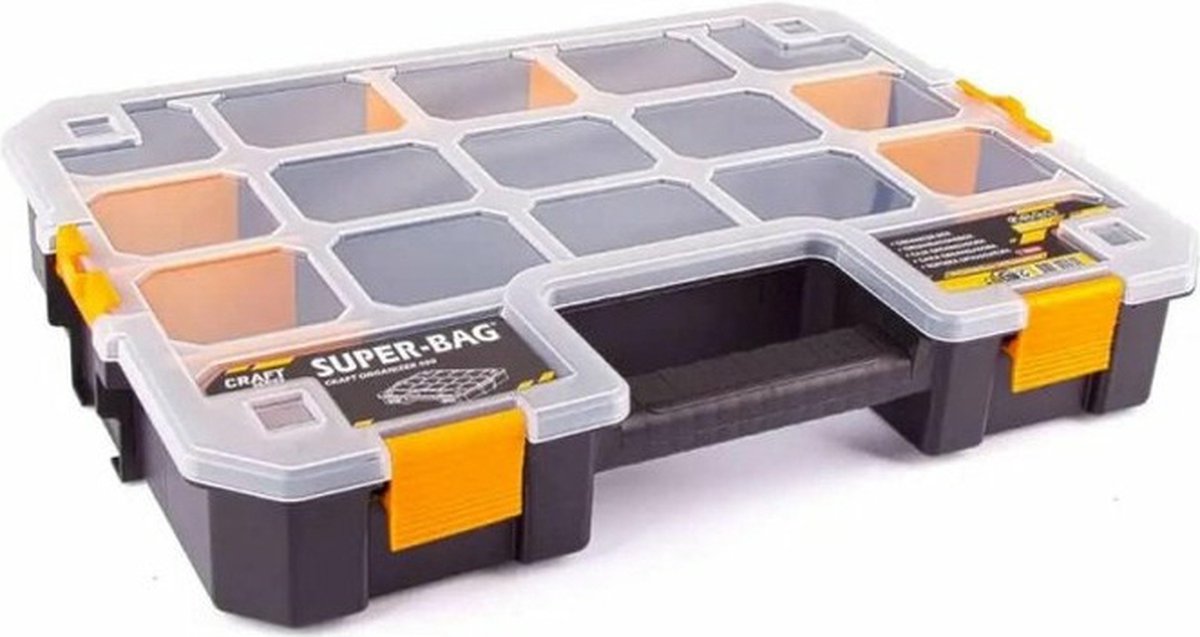 B-Home Sorteerbox/vakjes koffer - voor spijkers/schroeven/kleine spullen - 15 vaks - kunststof - zwart - 37 x 31 x 6.5 cm