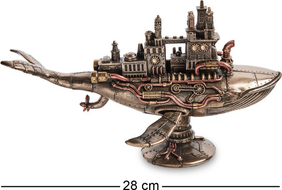 Steampunk walvis met fabrieksgebouwen en afmeting 28 cm, bronzen afwerking.