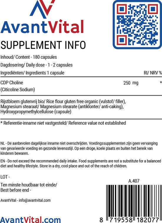 CDP Choline - Citicoline - 180 Vegan Capsules - 250 mg - AvantVital - Voedingssupplementen - AvantVital