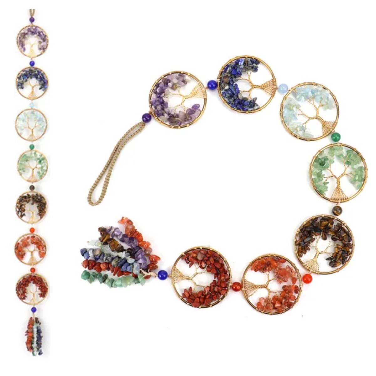 Cosy Casa® - Ketting met 7 Three of life cirkels - Spirituele Chakra ketting - Kleurrijk - Energieboom - Kristal - Goudkleur - Handgemaakt