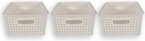 Set van 3 Stijlvolle Rechthoek Opbergboxen voor de Babykamer |Witte Kunststof Opbergboxen met Rattan Look | 25,5cm x 19,5cm x 10,5cm