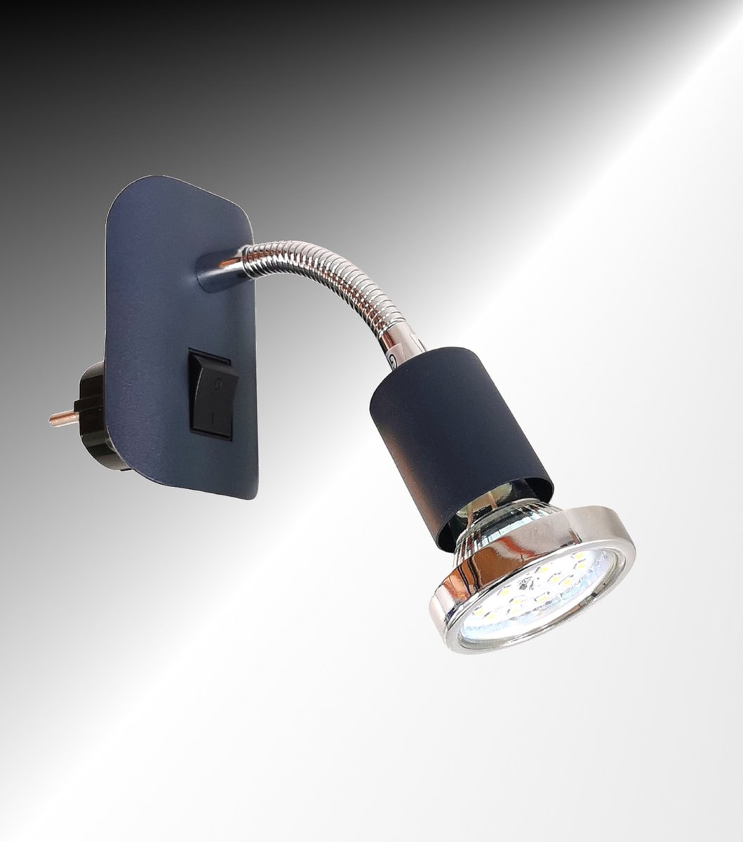 Trango Stekkerlamp in antraciet mat Stekkerlamp 11-055 *FLEXI* Nachtlampje incl. 1x GU10 3000K warm witte LED lamp chroom ring & AAN UIT schakelaar leeslamp wandlamp keukenlamp