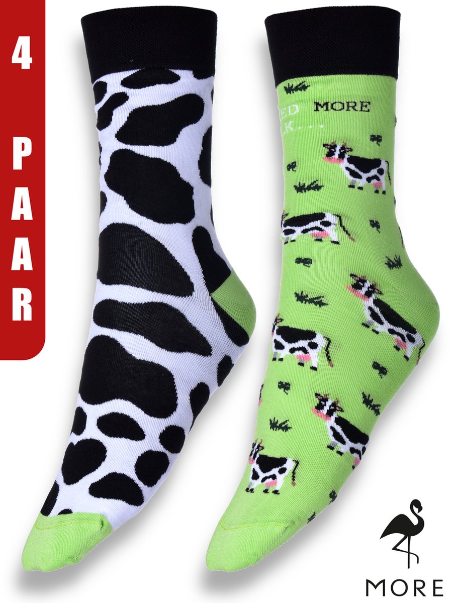 More Fashion - Dames Sokken - Multipack 4 Paar - Maat 35 36 37 - Leuk Asymmetrisch Dieren Print - Kleurrijk - Katoen - Naadloos - Koe Melk Cow Milk - MADE IN EU