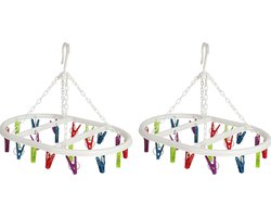 Wasgoed droogcarrousel/droogmolen - 2x - 20 clips/knijpers - multi kleuren - kunststof - 29 x 42 cm