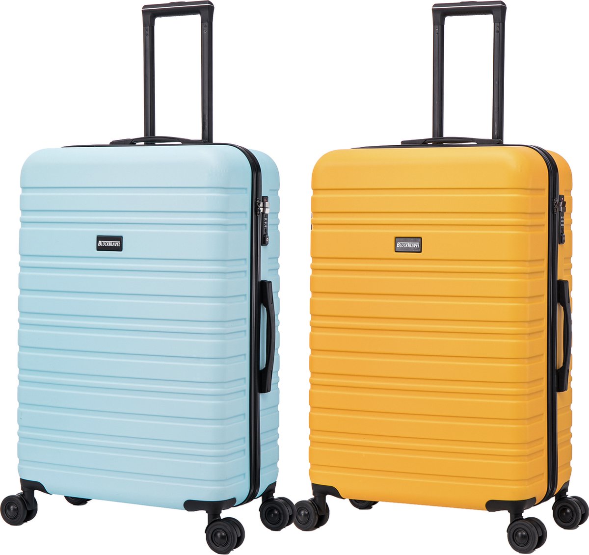 BlockTravel kofferset 2 delig ABS ruimbagage met dubbele wielen 95 liter - inbouw TSA slot - licht blauw - geel