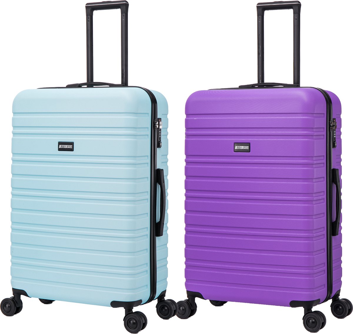 BlockTravel - kofferset - 2 delig - ABS - ruimbagage - met dubbele wielen - 95 liter - inbouw TSA slot - licht blauw - paars