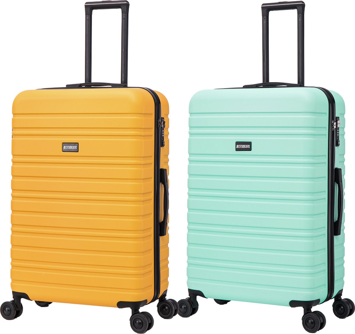 BlockTravel - kofferset - 2 delig - ABS - ruimbagage - met dubbele wielen - 95 liter - inbouw TSA slot - mint groen - geel