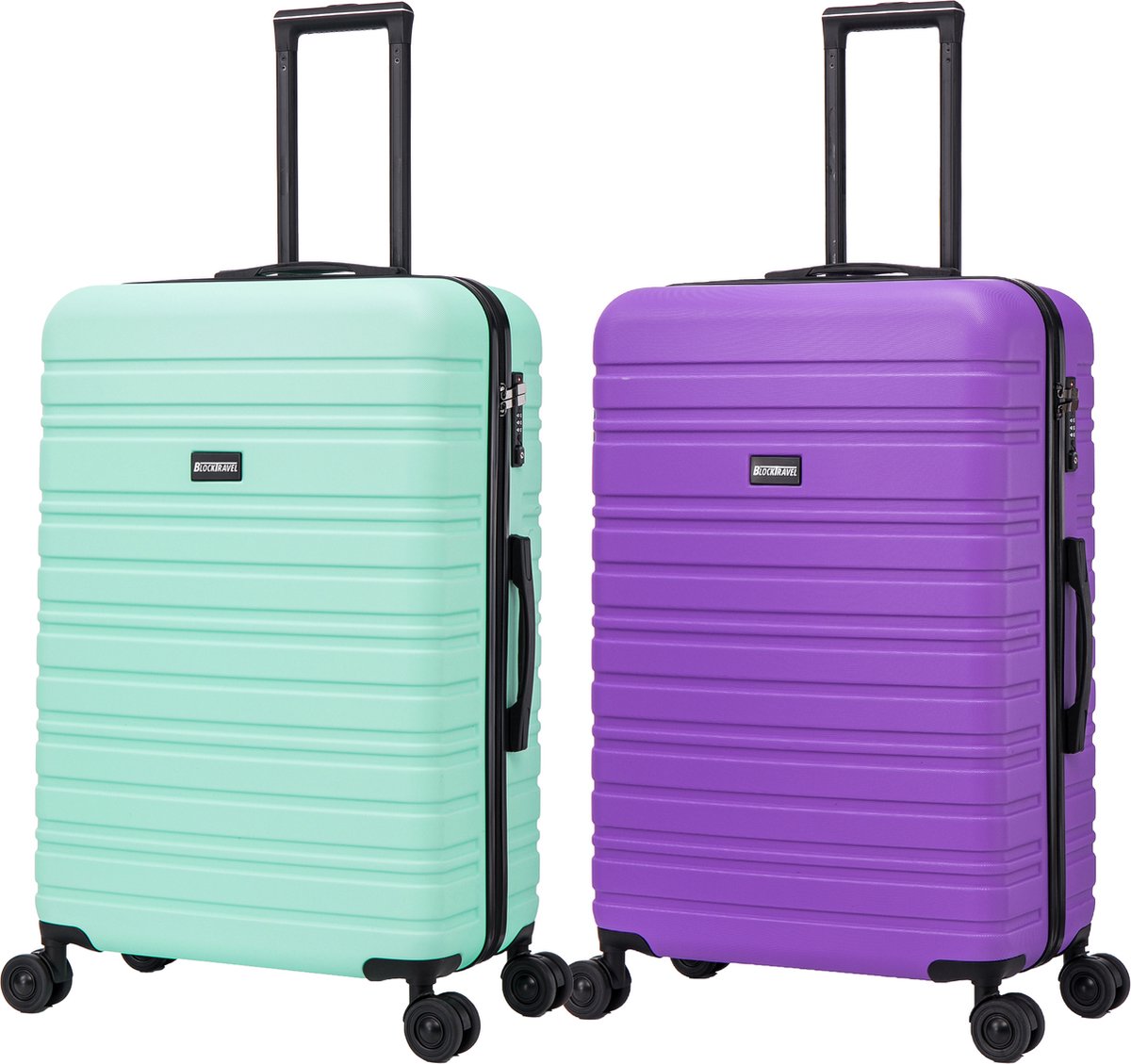 BlockTravel - kofferset - 2 delig - ABS - ruimbagage - met dubbele wielen - 95 liter - inbouw TSA slot - mint groen - paars
