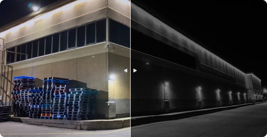 Eufy camera's beveiligen gebouw 's nachts, met en zonder nachtzicht.