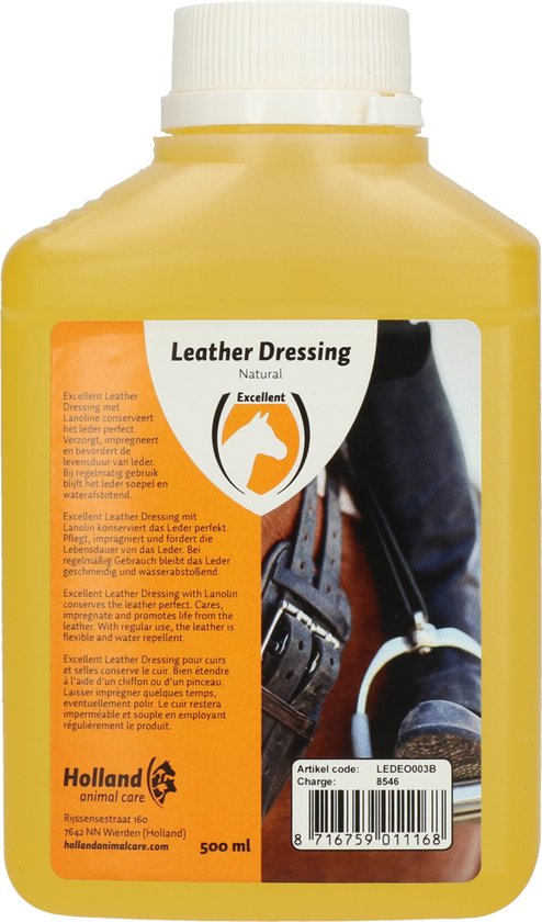 Excellent Leather dressing naturel - 500 ml - Leder & Zadelolie met lanoline - Conserveert het leder perfect - Geschikt voor ruitermaterialen - Holland Animal Care