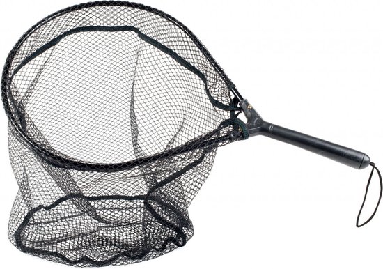 Zwart schepnet met een ronde opening en een zwart handvat.