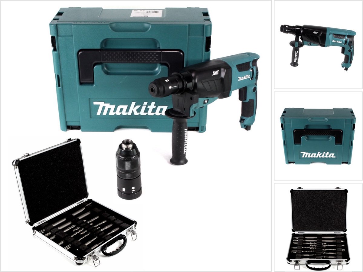 Makita HR 2631 FTJ 800 W combihamer met SDS Plus boorkop en snelspanboorkop in Makpac + Bosch beitel- en boren set 11-delig voor SDS-Plus in aluminium koffer