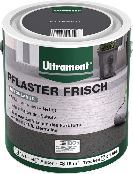 Ultrament Pleister Fresh Betonbeits - Antraciet, 2,5 liter: Gemakkelijk aan te brengen, UV- en weerbestendig, sneldrogend, ideaal voor buitenruimtes en absorberende betonblokken.