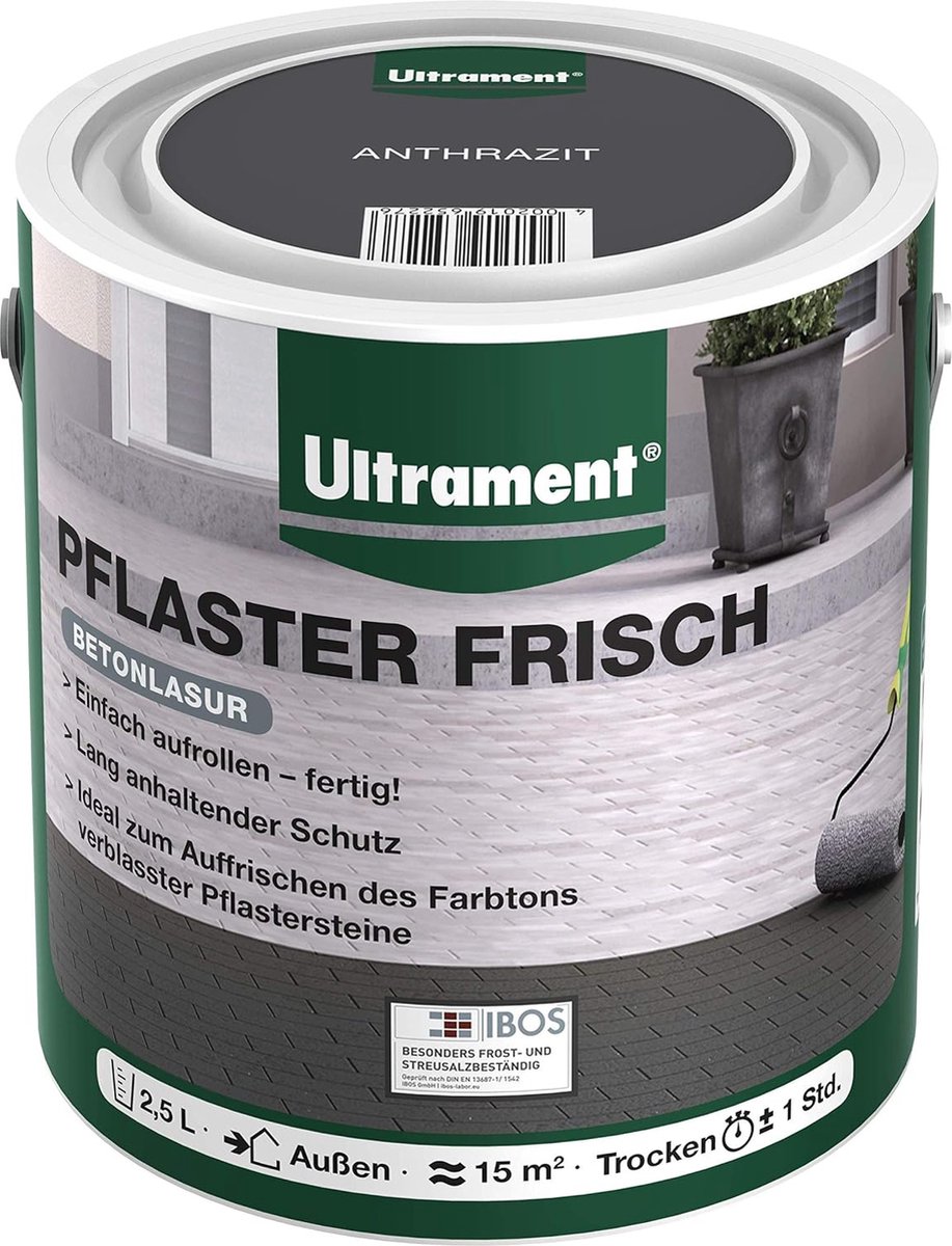 Ultrament Pflaster Frisch Betonglaze - Antraciet, 2,5 liter: Gemakkelijk aan te brengen, UV- en weerbestendig, sneldrogend, ideaal voor buitenruimtes en absorberende betontegels.