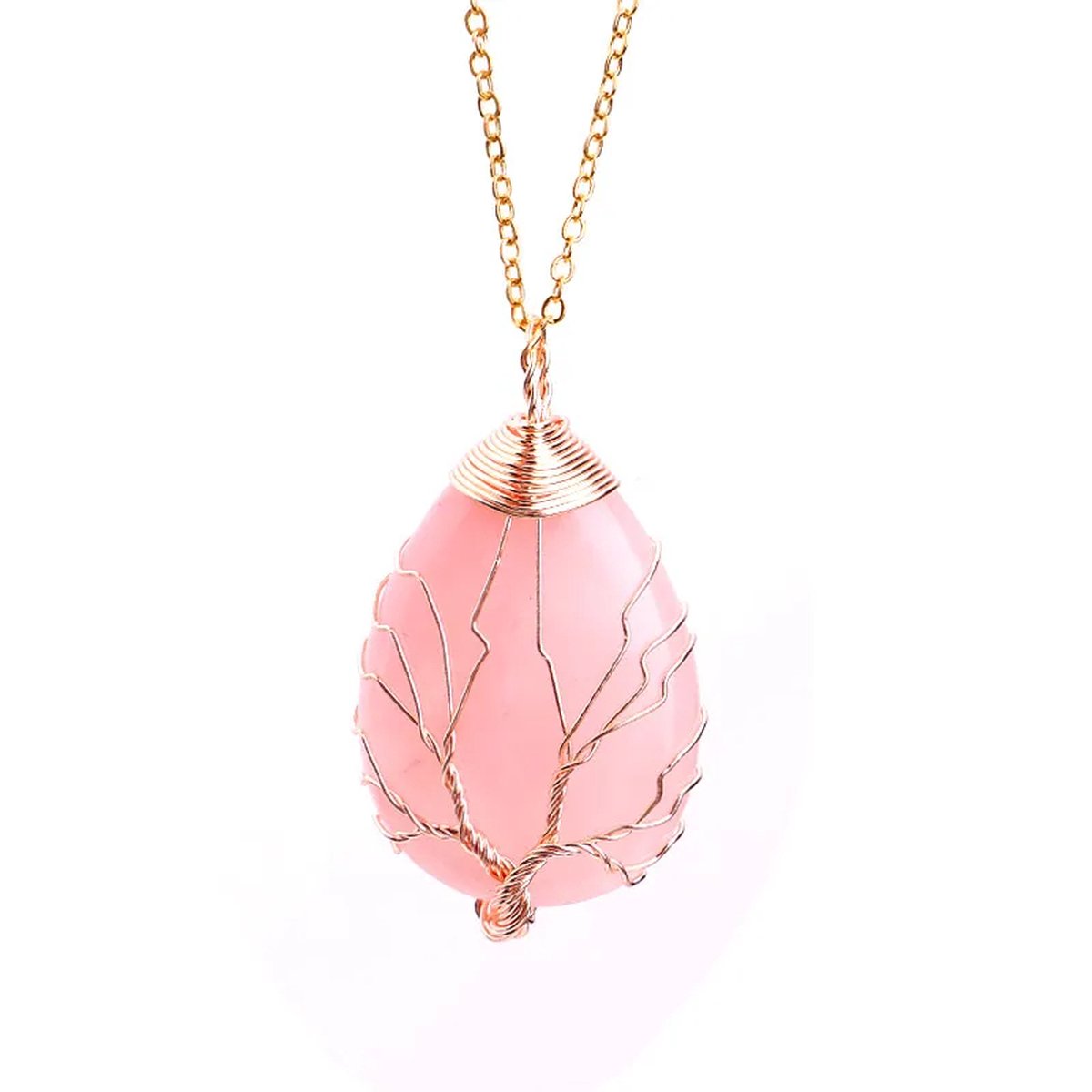 Cosy Casa® - Edelsteen - ketting - Goudkleur - Rozenkwarts - Rose Quartz - kristal - Three of life - spiritueel - Druppel - Bergkristal - Natuurlijke edelsteen ketting - Cadeauverpakking