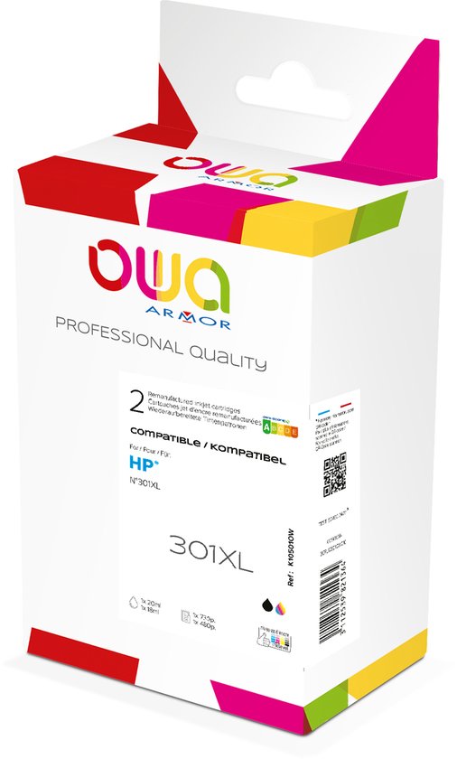 OWA Inkjet HP 301XL - Refurbished HP cartridge met chip - Zwart/Kleur - 550 Pagina's - CH563EE, CH564EE, CH563, CH564