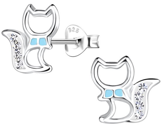 Joy|S - Zilveren kat poes oorbellen - zilver met turquoise blauw - 9 mm - kristal