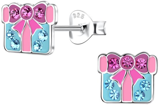 Joy|S - Zilveren cadeau oorbellen - 8 mm - roze turquoise met kristal en roze strik - verjaardag - kado - kinderoorbellen