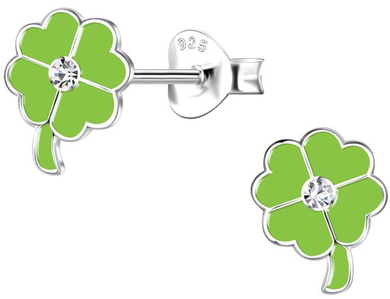 Joy|S - Zilveren klaver oorbellen - 6 x 8 mm - groen - klavertje vier oorknoppen - kristal - kinderoorbellen