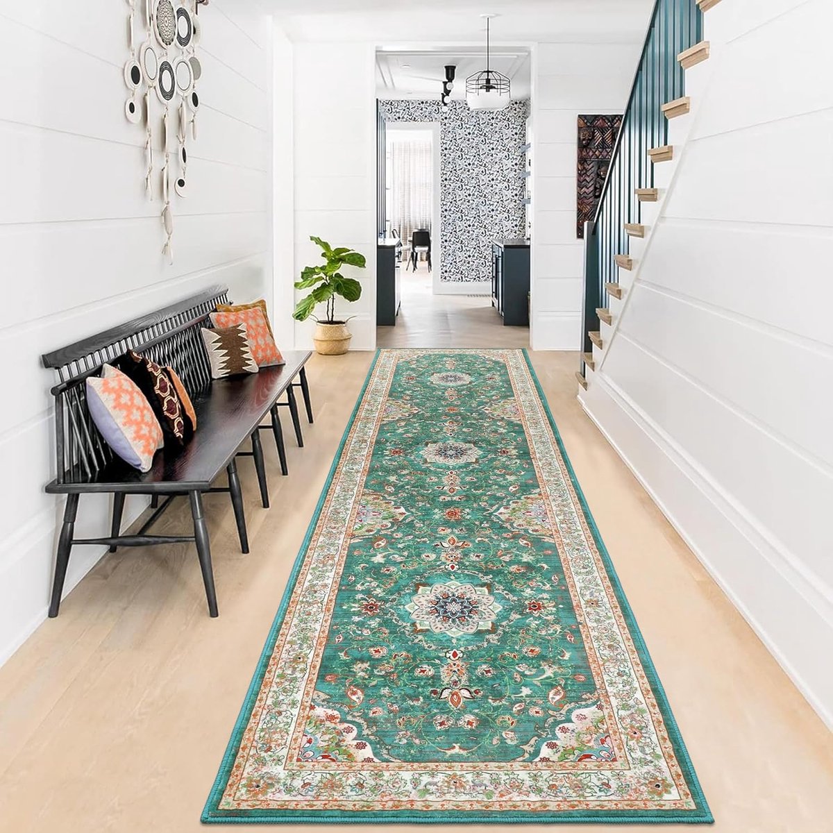 Tapijtloper 60x240 cm - Antislip & Wasbaar - Laagpolig Bloementapijt - Modern & Zacht Keukentapijt - Luxueuze Boho Loper voor Gang, Woonkamer & Slaapkamer - Tapijt - Groen