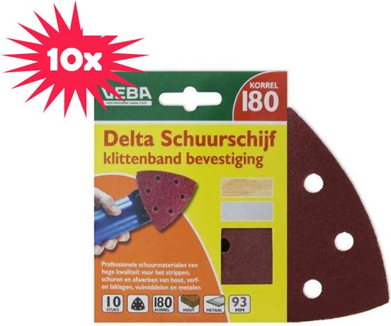 Verpakking van 10 delta schuurschijven, korrel 180, bruin, met klittenbandbevestiging.