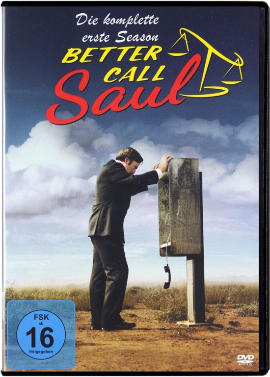 DVD-hoes van Better Call Saul met een man in een pak bij een telefooncel.