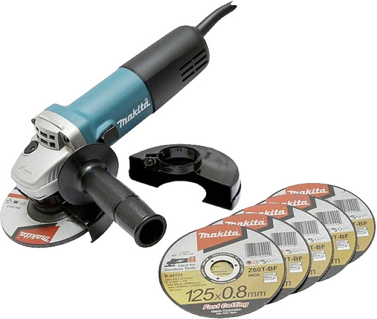 Makita 9558HNRX1 Elektrische Haakse Slijper 840W 125 mm met 5 Doorslijpschijven en afbraamschijf