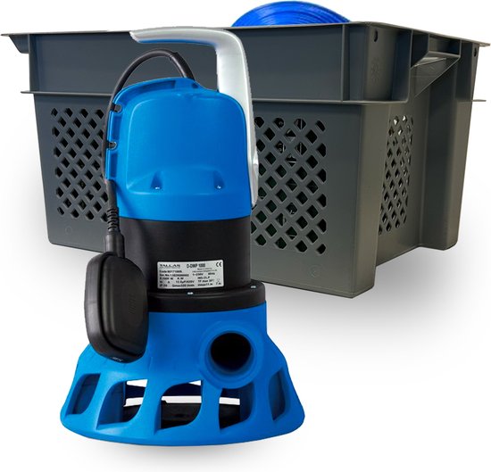 Blauwe Tallas D-DWP 1000 dompelpomp met vlotter, voor een grijze krat met blauwe deksels.