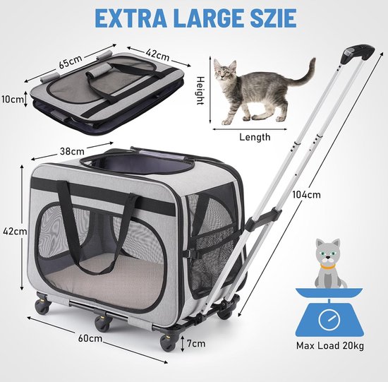 Trolley-Rugzak Voor Huisdieren, Hondenrugzak Op Wielen, 2 in 1 Honden- / Kattentransportrugzak Met Wielen, Ademende Reistas Met Meerdere Zakken,Grijs