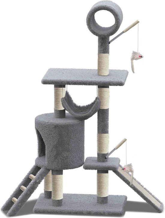 Yaheetech Krabpaal 87 cm kattenboom klimboom met uitkijkplatform ligkom kattenmand sisalstammen lichtgrijs