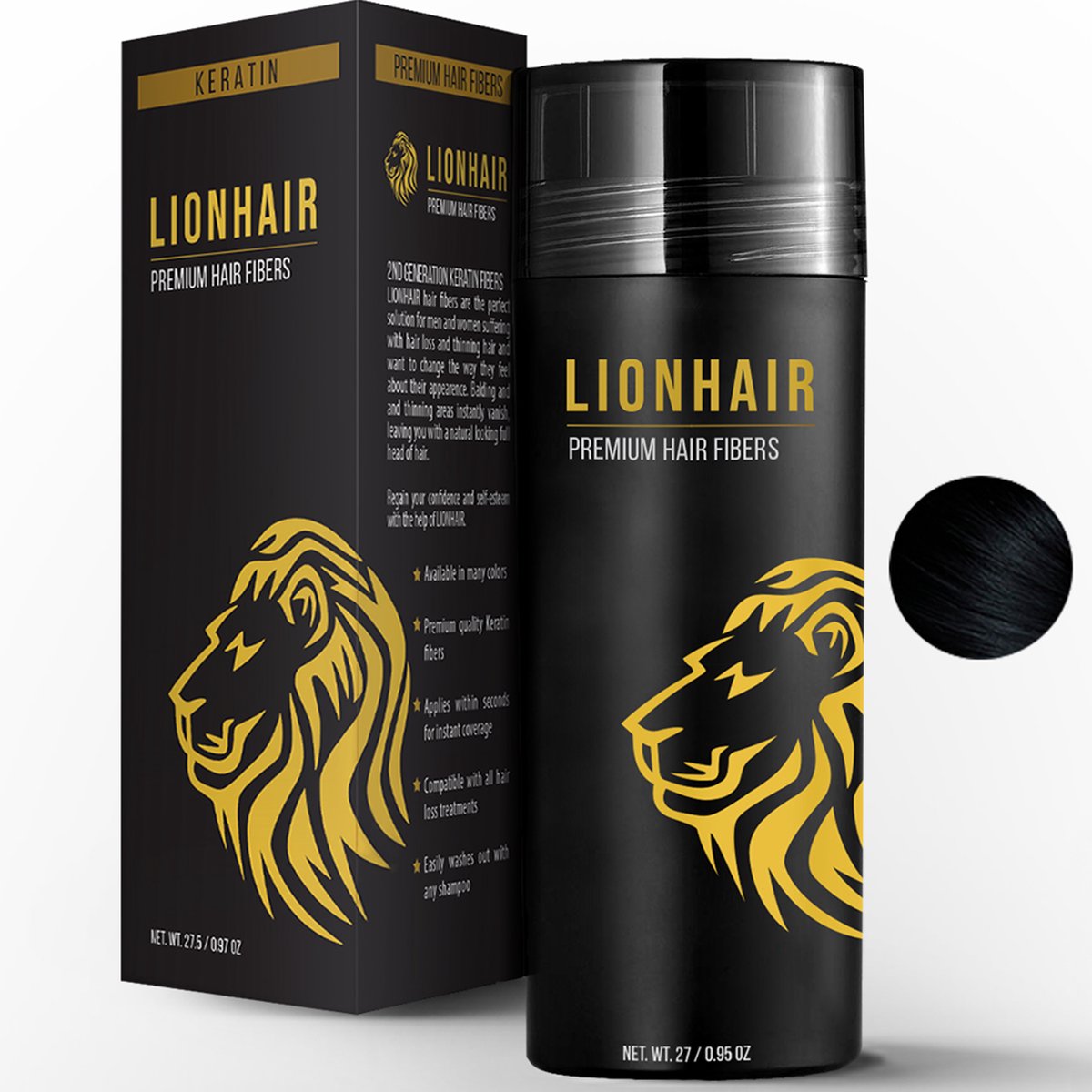 Lionhair Premium Haarpoeder / Volume poeder Voor Kale Plekken - Verbergt Haaruitval In Seconden Voor Mannen & Vrouwen - 27gr - ZWART
