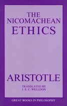 Paarse boekomslag met de tekst 'The Nicomachean Ethics' van Aristoteles, vertaald door J.E.C. Welldon.