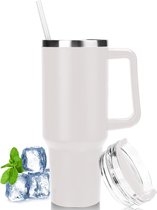 Thermische mok met rietje en handvat, dubbelwandige roestvrijstalen reismok met deksel, koffiemok voor auto, kantoor, warme en koude koffie, water en thee, BPA-vrij, 1.180 ml, wit