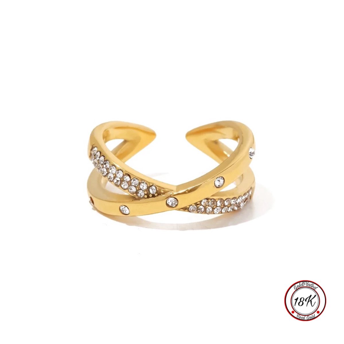 Soraro 2-Delige Zirkonia X Ring | 18K Goldplated | Gouden Ring | Zrikonia | Cadeau voor Haar | Vrouwen Cadeau | Elegante Ring | Klemring
