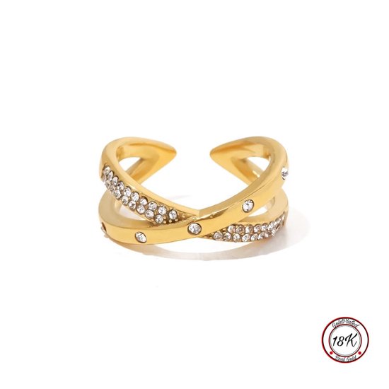 Soraro 2-Delige Zirkonia X Ring | 18K Goldplated | Goudkleurige Ring | Zrikonia | Cadeau voor Haar | Vrouwen Cadeau | Elegante Ring | Klemring