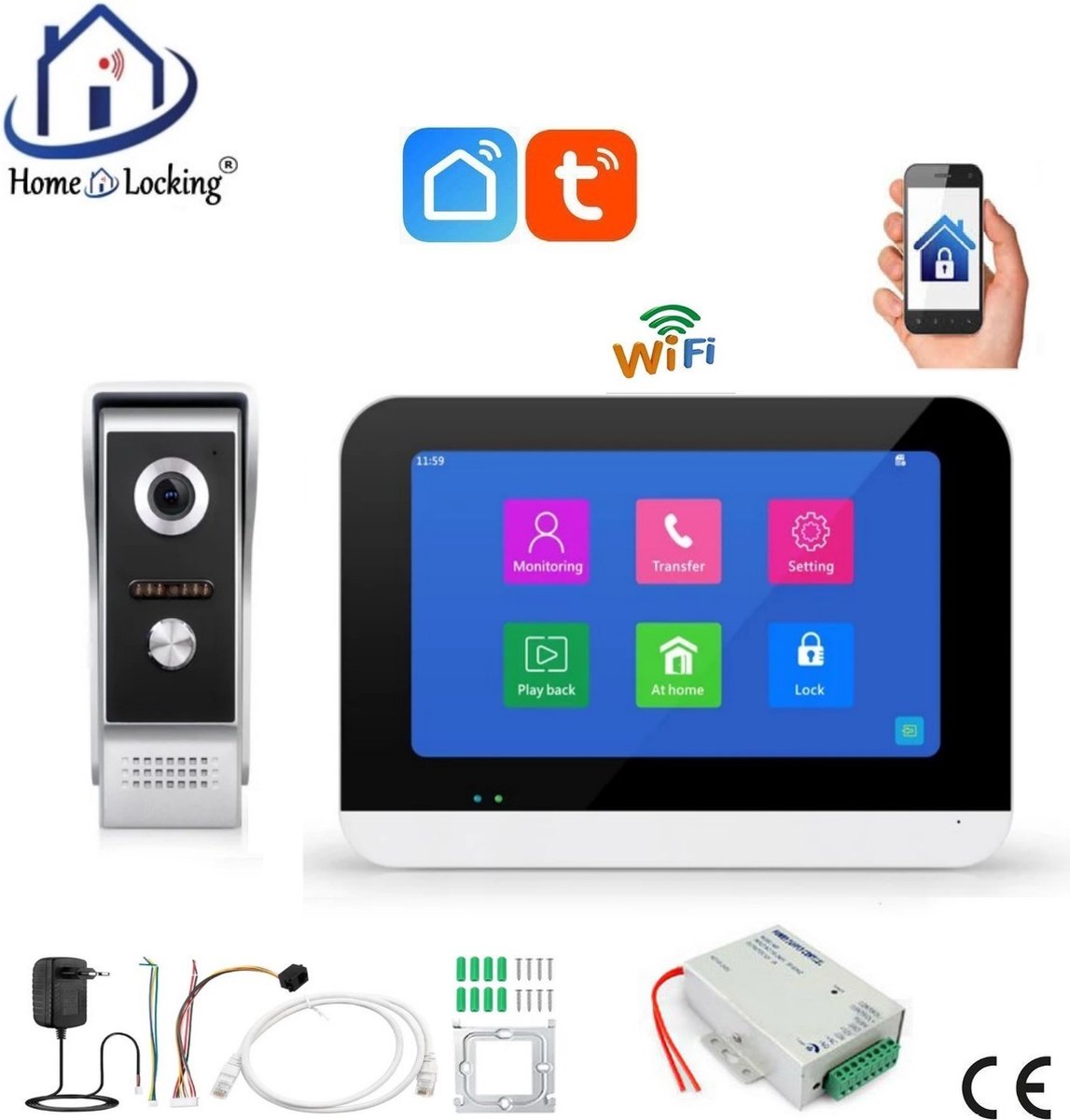 Smart WIFI deur intercom 1 touchscreen met voeding voor elektrisch slot. T-2301V